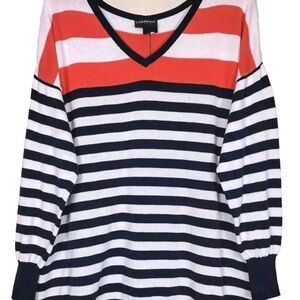 Lane Bryant V-Neck Striped Sweater - Coral, White, and Navy